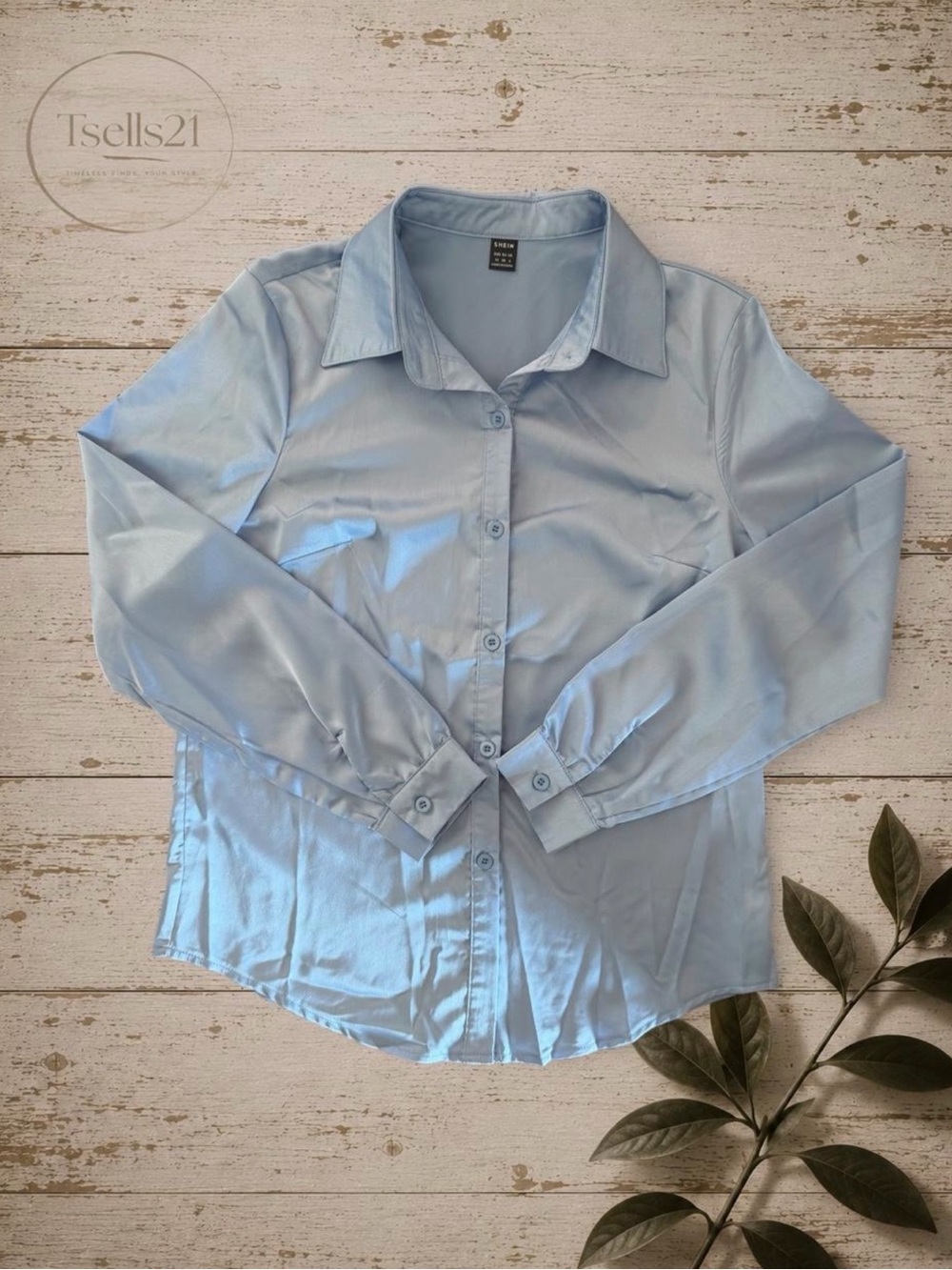 SHEIN Light Blue Silky Satin Button-Down Blouse - Size M